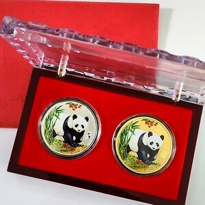 MINT Panda China Money Stamp Co. Coins Silver and Gold Plated in Case #6440